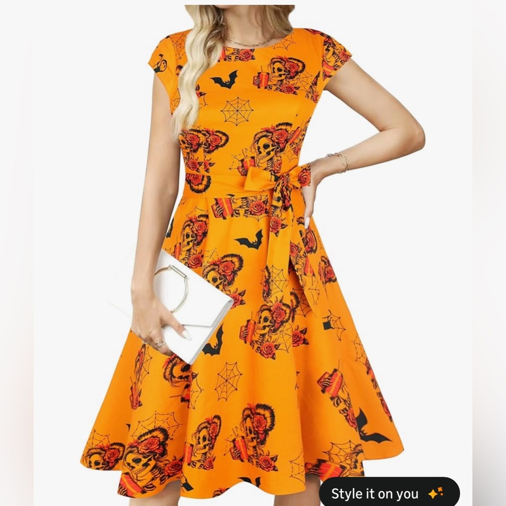 Orange Printed Women's Dress Halloween skeleton never worn size XL - Picture 6 of 8